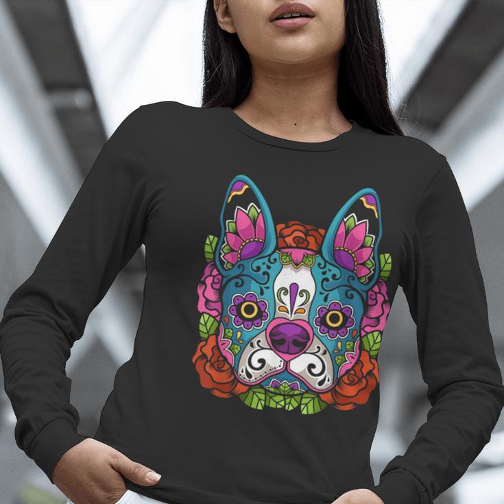 Boston Terrier Sugar Skull Dog Day Of The Dead Women Long Sleeve T-Shirt, funny gift