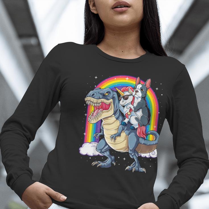 Boston Terrier Unicorn Riding Dinosaur T-Rex Girls Rainbow Women Long Sleeve T-Shirt, Boston Terrier Riding Shirts, funny gift