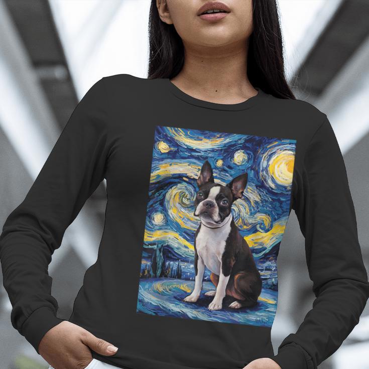 Boston Terrier Van Gogh Starry Night Women Long Sleeve T-Shirt, funny gift
