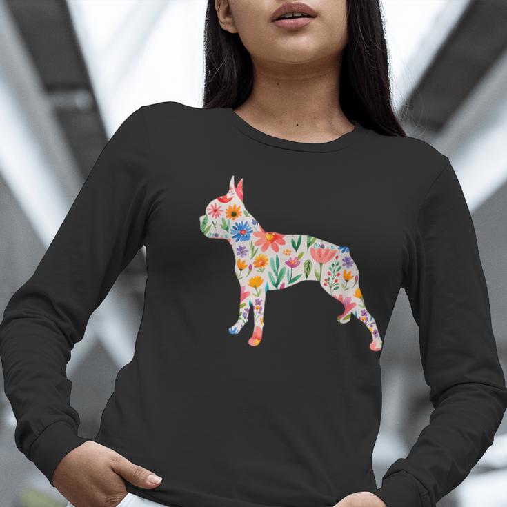 Boston Terrier Watercolor Flowers Women Long Sleeve T-Shirt, funny gift