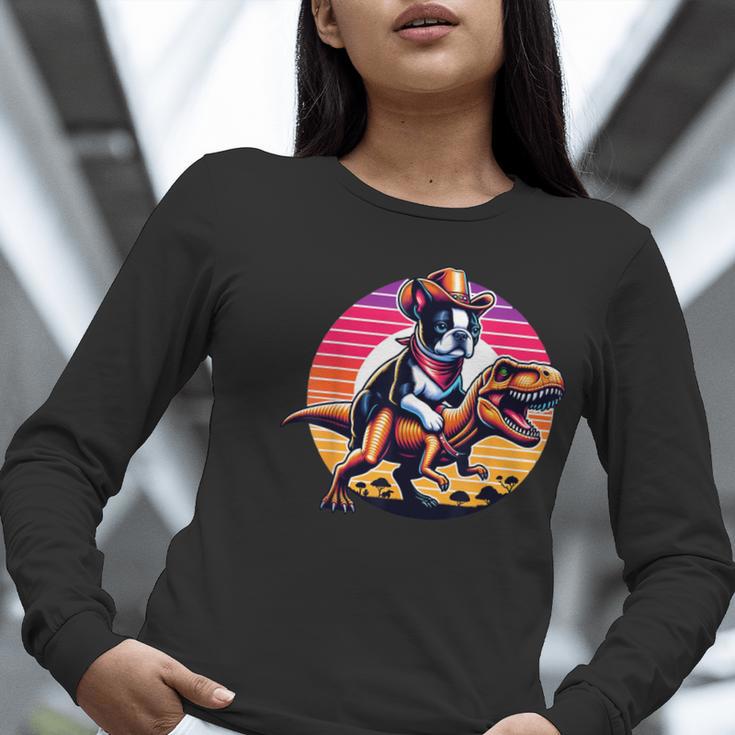 Boston Terrier Wearing A Cowboy Hat On T-Rex Women Long Sleeve T-Shirt, funny gift