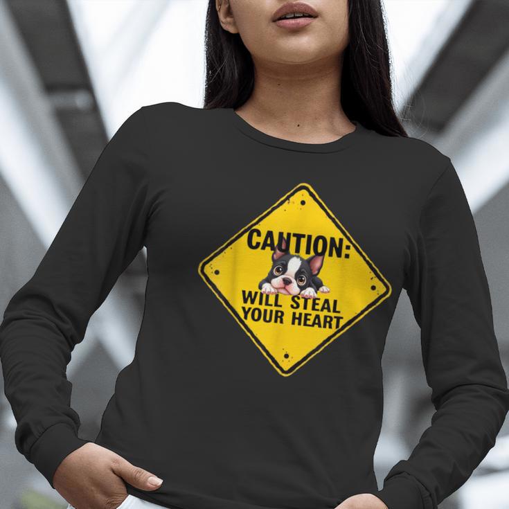 Caution Sign Boston Terrier Dog Bostie Puppy Women Long Sleeve T-Shirt, funny gift