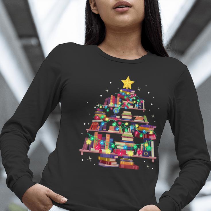 Christmas Library Tree Love Reading Books Nerd Teacher Women Long Sleeve T-Shirt, funny gift