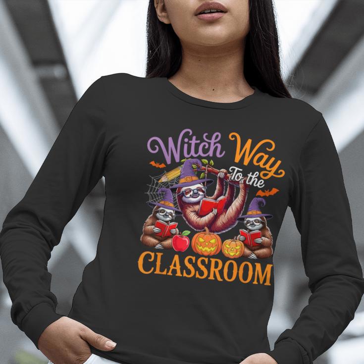 Way To Classroom Halloween Witch Three Cute Sloths Teacher Women Long Sleeve T-Shirt, funny gift