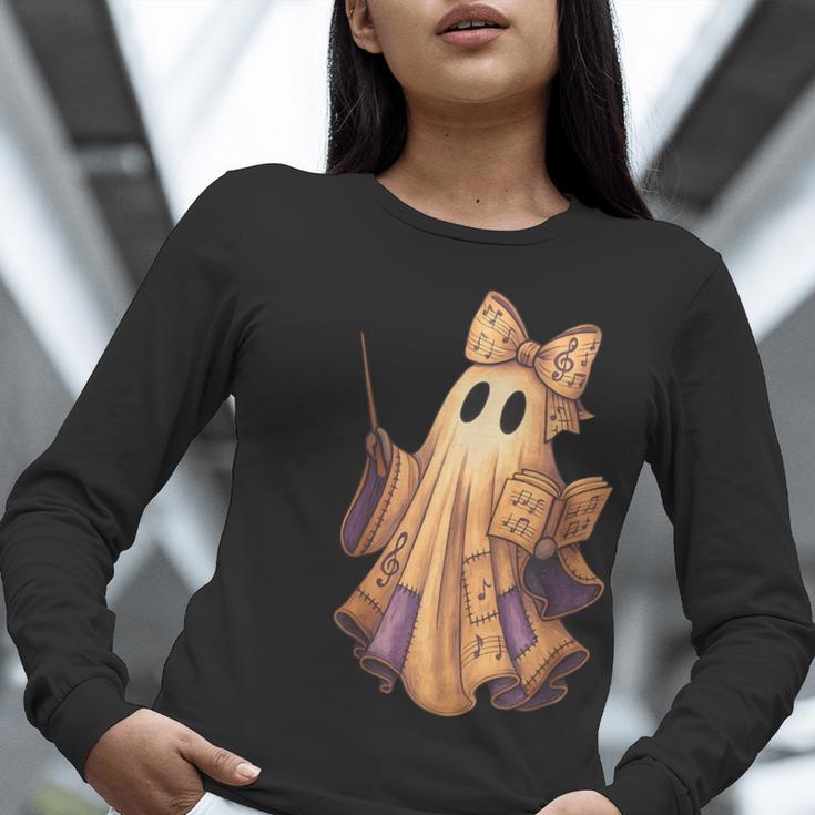 Coquette Music Note Patchwork Ghost Music Teacher Halloween Women Long Sleeve T-Shirt, funny gift