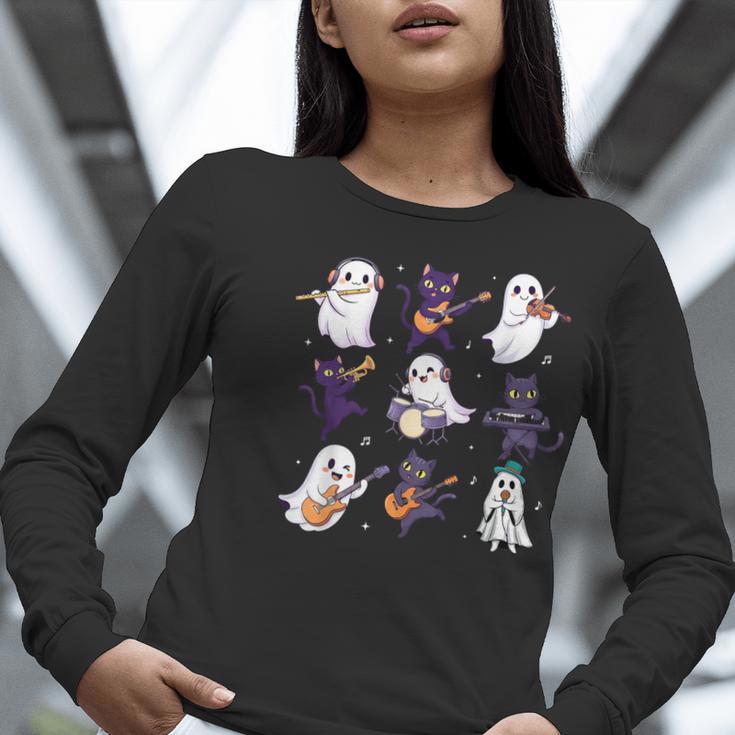 Cute Ghost Cat Playing Musical Halloween Music Teacher Women Long Sleeve T-Shirt, funny gift Cute Ghost Cat Playing Musical Halloween Music Teacher Women Long Sleeve T-Shirt, funny gift