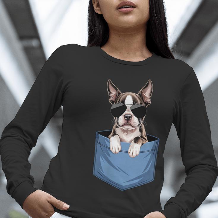 Cute Pocket Boston Terrier Lover Dog Mom Women Long Sleeve T-Shirt, Boston Terrier Mom Shirts, funny gift