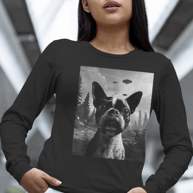 Dog Mom Dad Alien Selfie Boston Terrier UFO For Men Women Women Long Sleeve T-Shirt, Boston Terrier Dad Shirts, Boston Terrier Mom Shirts, funny gift