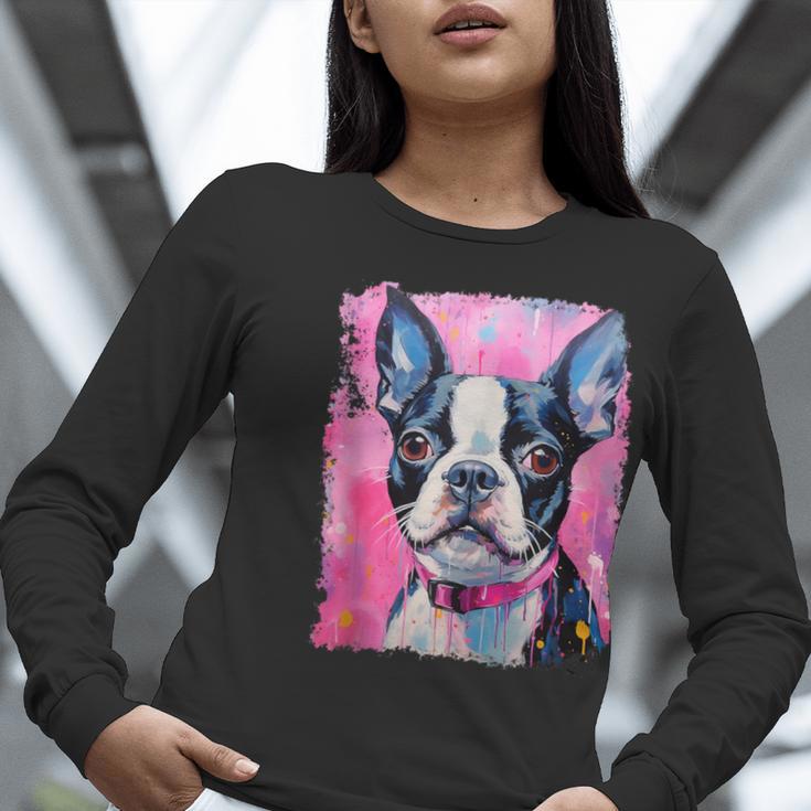 Dog Pink Boston Terrier Women Long Sleeve T-Shirt, funny gift