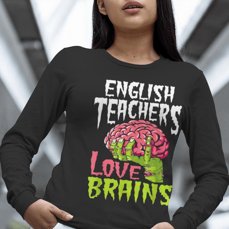 English Teachers Love Brains Zombie Teacher School Halloween Women Long Sleeve T-Shirt, English Teacher Shirts, funny gift