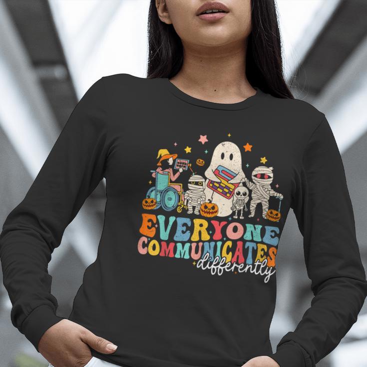 Everyone Communicates Differently Halloween SLP Sped Teacher Women Long Sleeve T-Shirt, funny gift