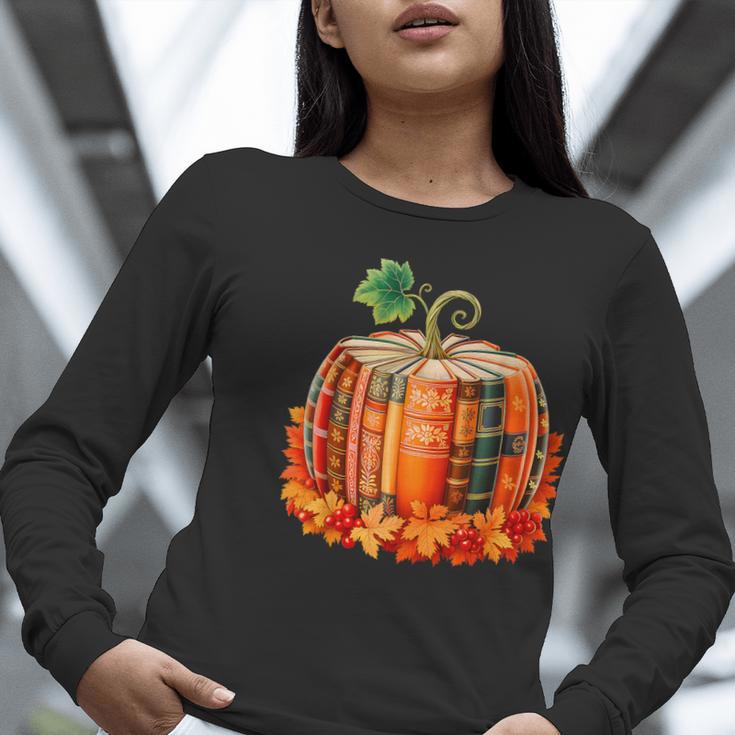 Fall Book Autumn Reading Teacher Halloween Pumpkin Season Women Long Sleeve T-Shirt, funny gift