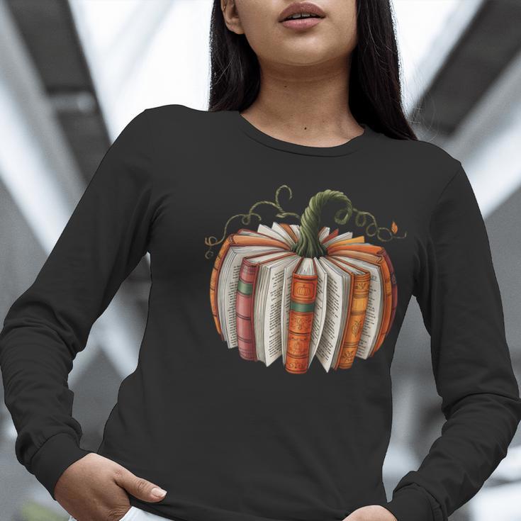 Fall Book Pumpkin Retro Reading Halloween Teacher Librarian Women Long Sleeve T-Shirt, funny gift