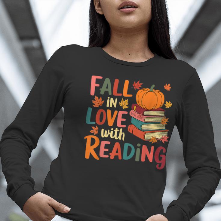 Fall In Love With Reading Autumn Thanksgiving Shirt Teacher Women Long Sleeve T-Shirt, funny gift
