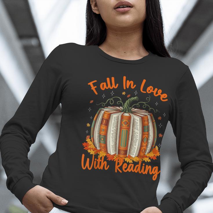 Fall In Love With Reading Pumpkin Autumn Librarians Teacher Women Long Sleeve T-Shirt, funny gift