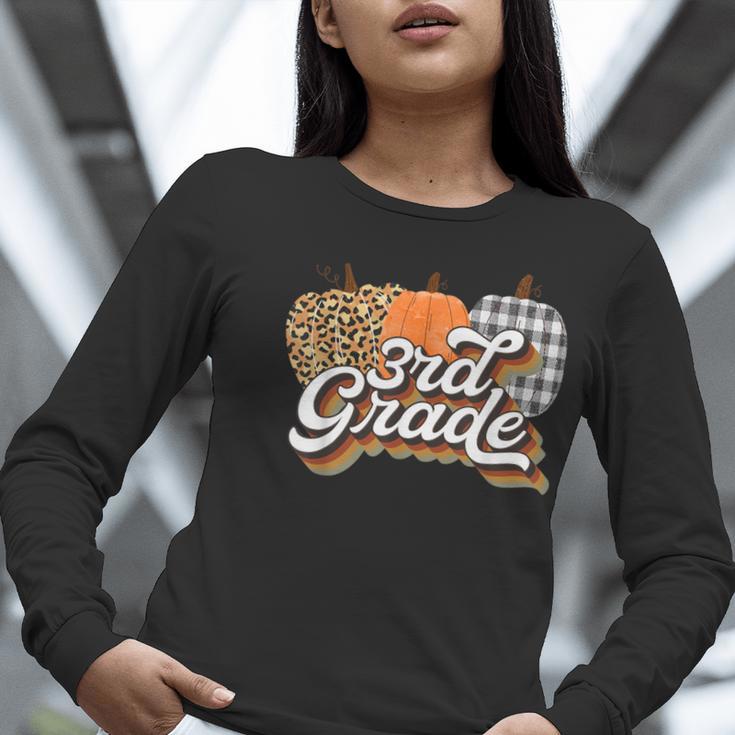 Fall Teacher Shirt 3rd Grade Teacher Retro Halloween Pumpkin Women Long Sleeve T-Shirt, funny gift