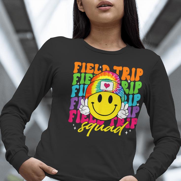 Field Trip Squad Groovy Field Day Smile Face Teacher Tie Dye Women Long Sleeve T-Shirt, Groovy Teacher Shirts, funny gift