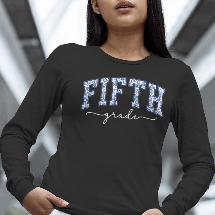 Fifth Grade Coquette Toile Blue Bow Floral Women Teacher Women Long Sleeve T-Shirt, funny gift
