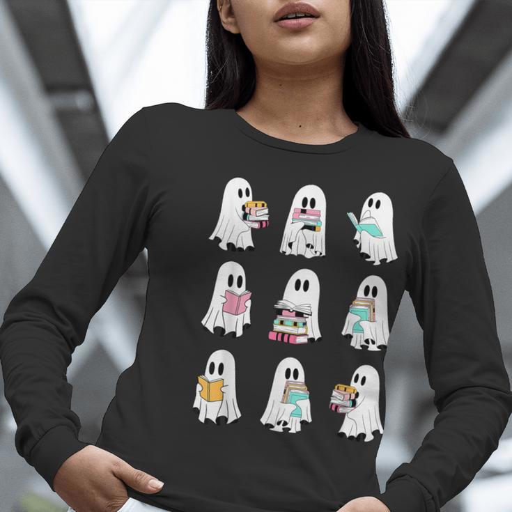 Ghost Reading Books Spooky Librarian Teacher Women Women Long Sleeve T-Shirt, funny gift