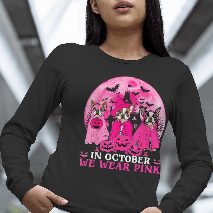 Ghost And Witch Boston Terrier Dog In October We Wear Pink Women Long Sleeve T-Shirt, Boston Terrier Ghost Shirts, funny gift