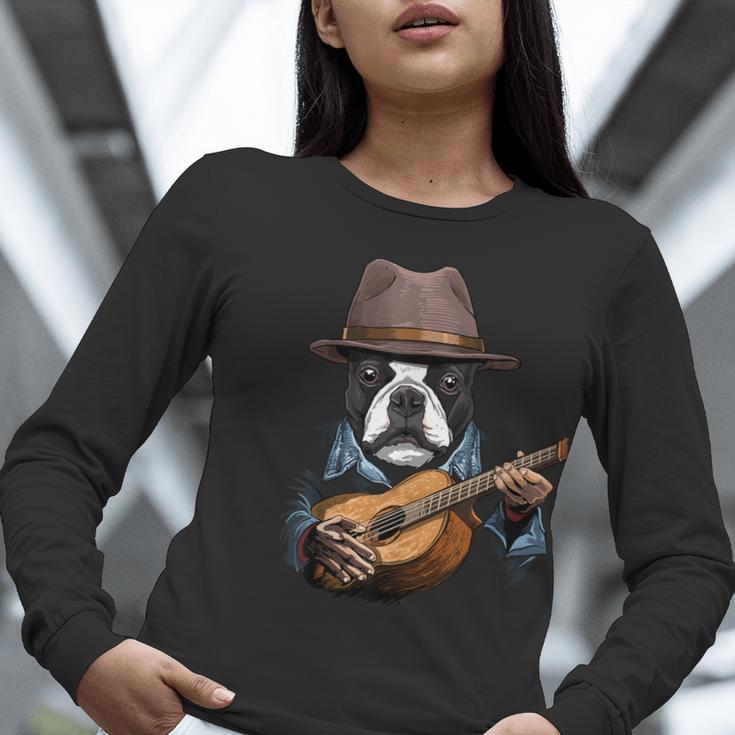 Guitar Shirt Boston Terrier Dog Playing Acoustic Guitar Women Long Sleeve T-Shirt, funny gift