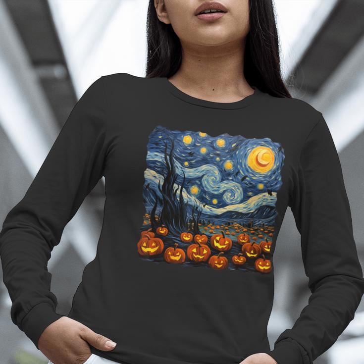 Halloween Pumpkin Starry Night Van Gogh Art Teacher Women Long Sleeve T-Shirt, funny gift