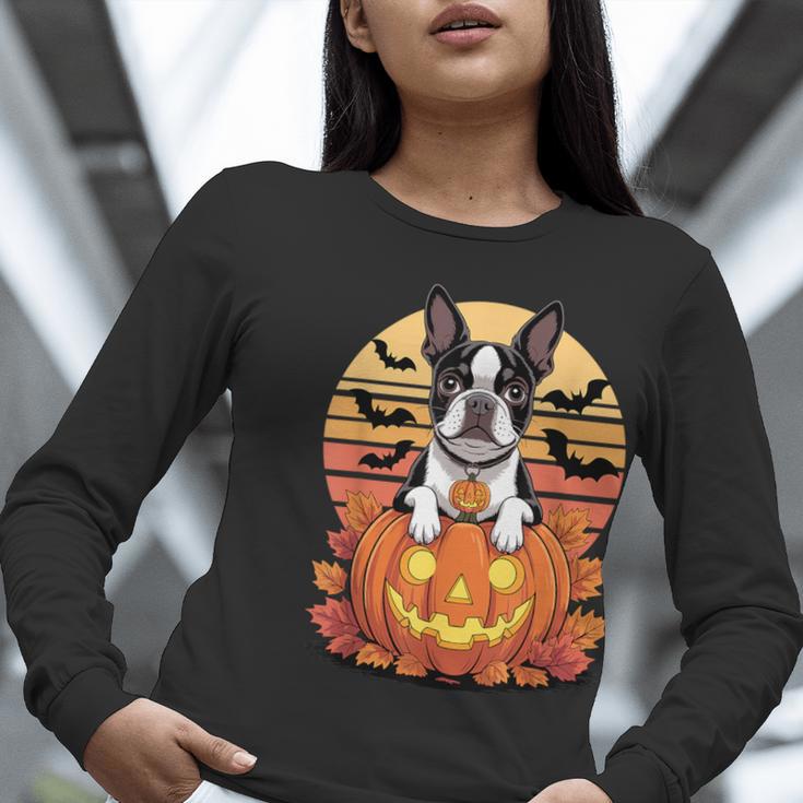 Halloween Retro Boston Terrier Women Long Sleeve T-Shirt, Boston Terrier Halloween Shirts, funny gift