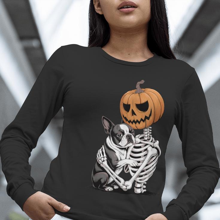 Halloween Skeleton Boston Terrier Women Long Sleeve T-Shirt, Boston Terrier Halloween Shirts, funny gift