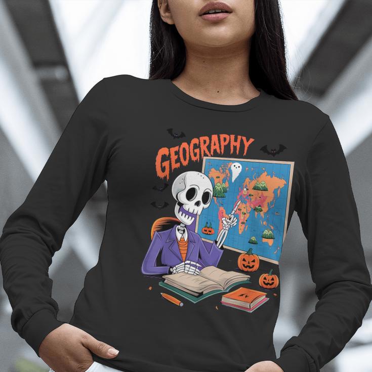 Halloween Skeleton Geography Teacher Pumpkin Bats Classroom Women Long Sleeve T-Shirt, funny gift Halloween Skeleton Geography Teacher Pumpkin Bats Classroom Women Long Sleeve T-Shirt, funny gift