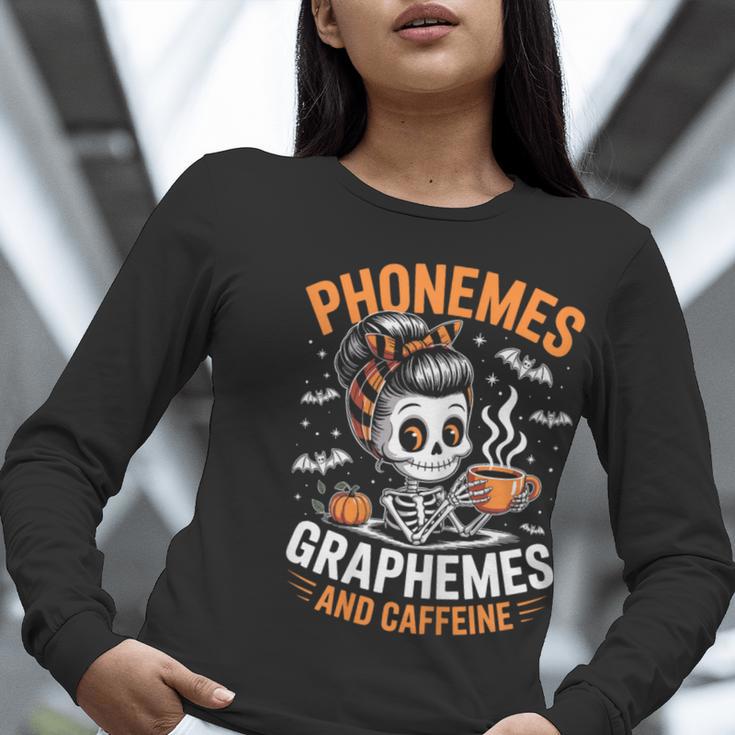 Halloween Skeleton Teacher Phonemes Graphemes Caffeine Lover Women Long Sleeve T-Shirt, funny gift