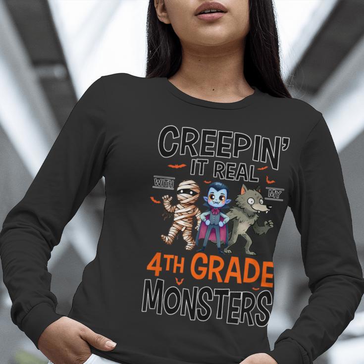 Halloween Teacher Creepin It Real With My 4th Grade Monsters Women Long Sleeve T-Shirt, 4th Grade Teacher Shirts, funny gift