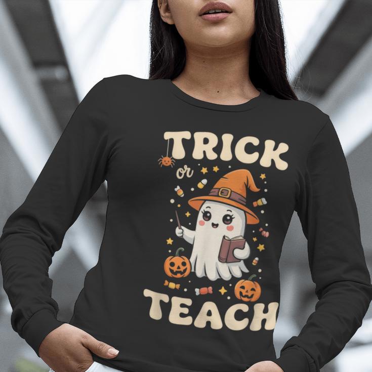 Halloween Teacher Shirts Women School Trick Or Teach Groovy Women Long Sleeve T-Shirt, Groovy Teacher Shirts, funny gift