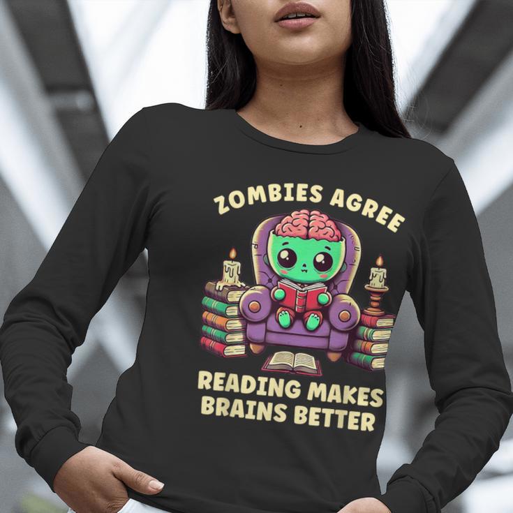 Halloween Teacher Zombie Reading Is Good For Brains Women Long Sleeve T-Shirt, funny gift Halloween Teacher Zombie Reading Is Good For Brains Women Long Sleeve T-Shirt, funny gift