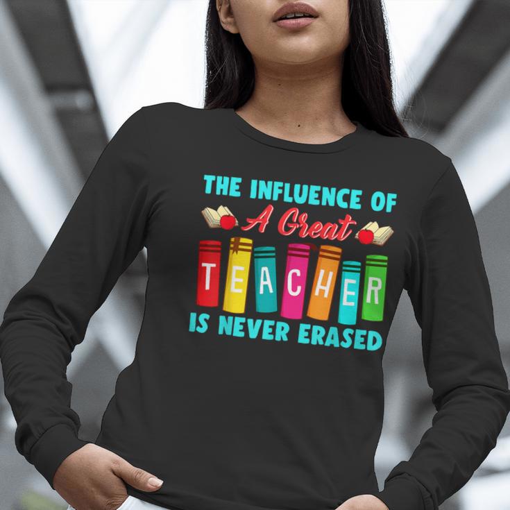 THE INFLUENCE OF A GREAT TEACHER IS NEVER ERASED Teaching For Men Women Girls Kids Women Long Sleeve T-Shirt, funny gift