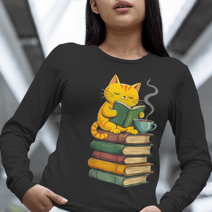 Kawaii Cats Lover Coffee Books Teacher Librarian Cat Women Long Sleeve T-Shirt, funny gift