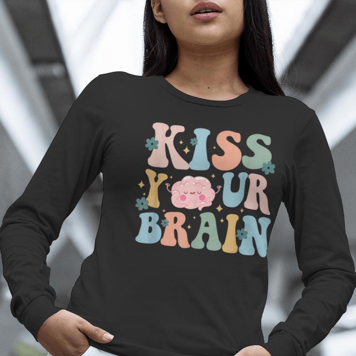 Kiss Your Brain Teacher Inspire Educate Groovy Retro Vintage Women Long Sleeve T-Shirt, Groovy Teacher Shirts, funny gift