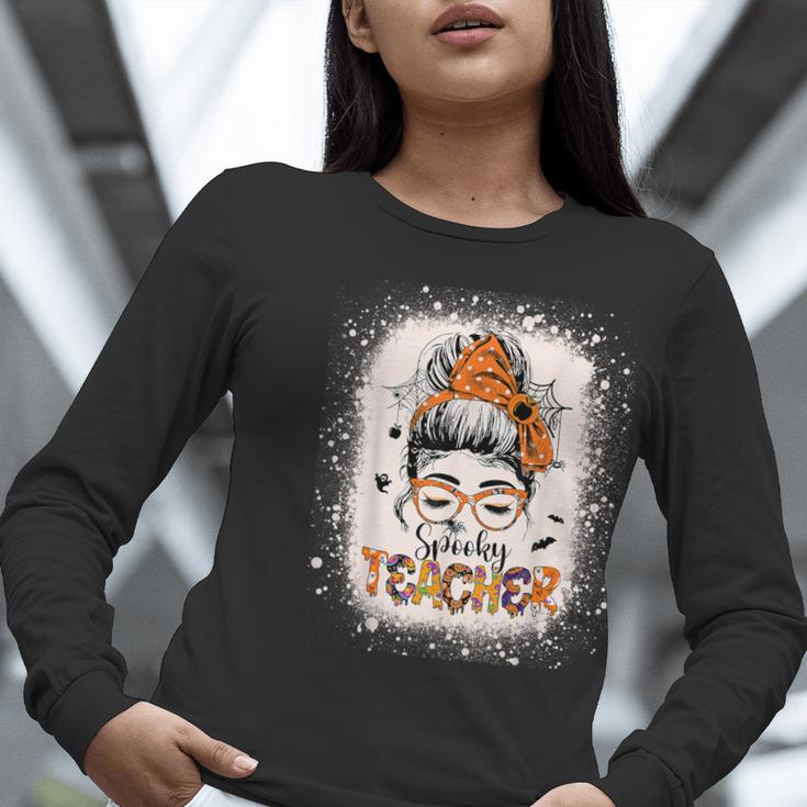 Messy Bun Spooky Teacher Bleached Halloween Teachers Women Long Sleeve T-Shirt, funny gift