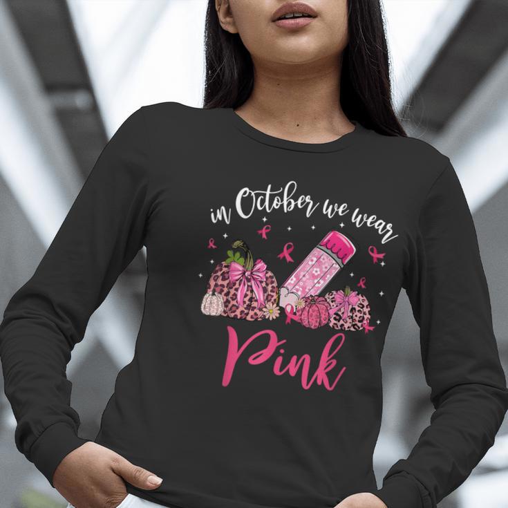 In October We Wear Pink Apple Teacher Daisy Breast Cancer Women Long Sleeve T-Shirt, funny gift In October We Wear Pink Apple Teacher Daisy Breast Cancer Women Long Sleeve T-Shirt, funny gift