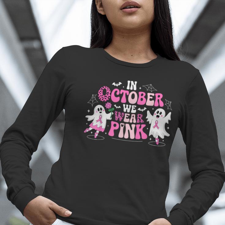 In October We Wear Pink Ballet Ghost Teacher Breast Cancer Women Long Sleeve T-Shirt, funny gift In October We Wear Pink Ballet Ghost Teacher Breast Cancer Women Long Sleeve T-Shirt, funny gift