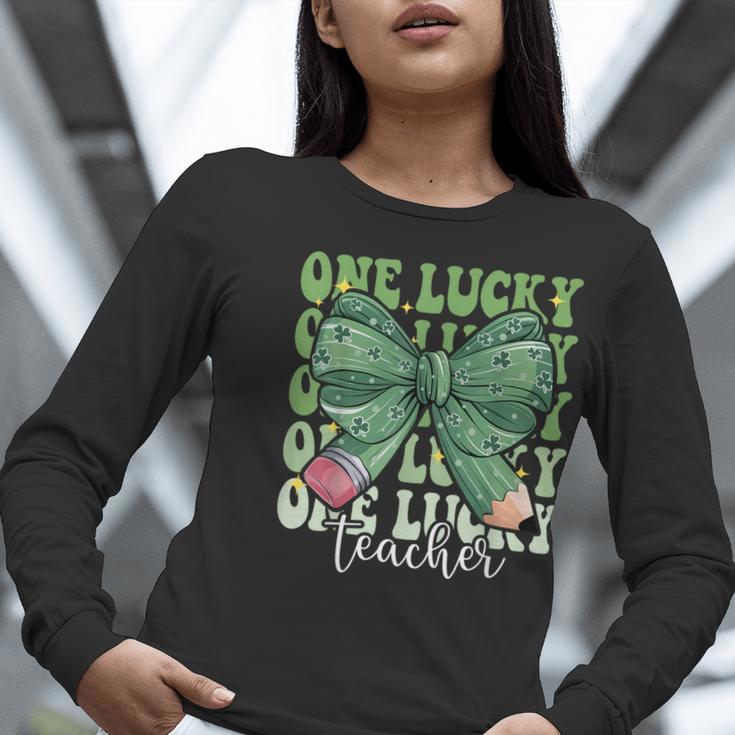 One Lucky Teacher Coquette Bow St Patricks Day Teacher Women Long Sleeve T-Shirt, funny gift One Lucky Teacher Coquette Bow St Patricks Day Teacher Women Long Sleeve T-Shirt, funny gift