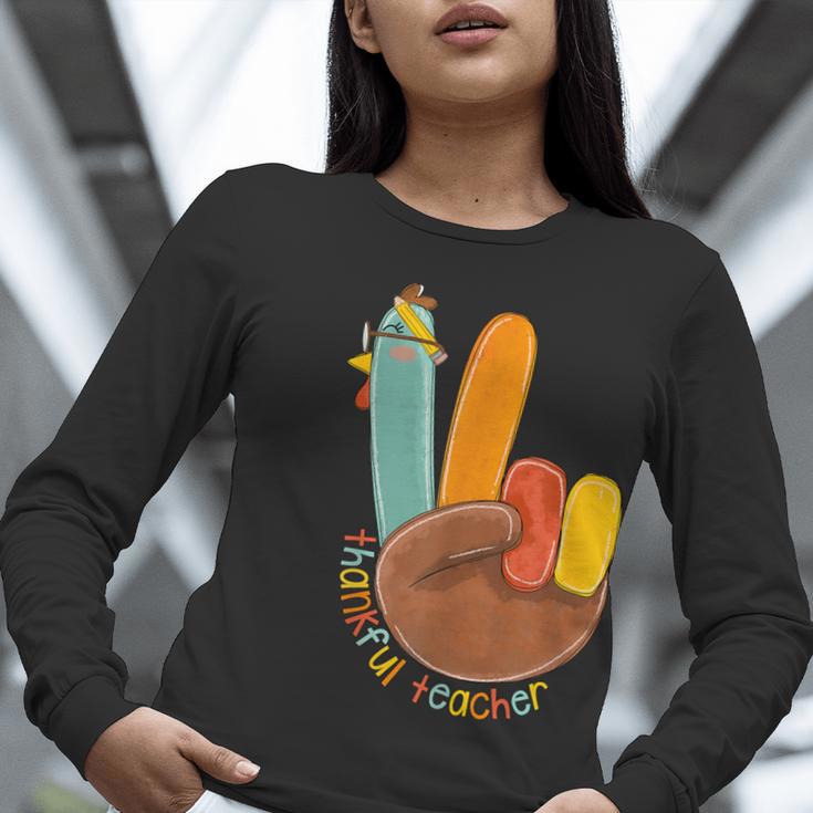 One Thankful Teacher Thanksgiving Turkey Peace Hand Sign Women Long Sleeve T-Shirt, funny gift One Thankful Teacher Thanksgiving Turkey Peace Hand Sign Women Long Sleeve T-Shirt, funny gift