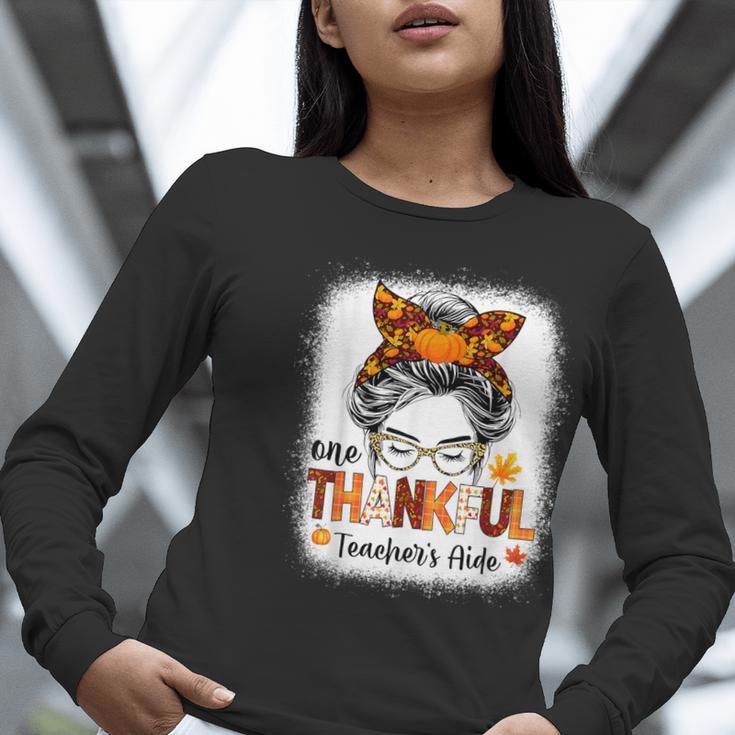 One Thankful Teacher's Aide Messy Bun Thanksgiving Fall Women Long Sleeve T-Shirt, funny gift