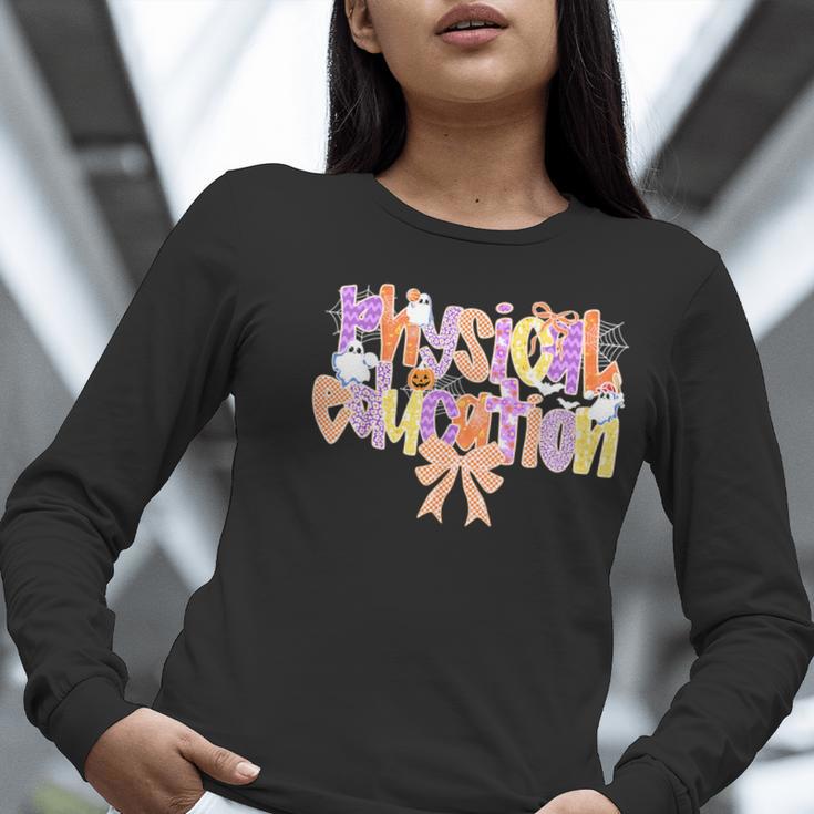 Physical Education Halloween Bow Checkered Teacher Ghost PE Women Long Sleeve T-Shirt, Pe Teacher Shirts, funny gift