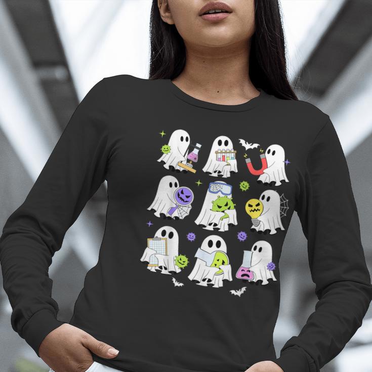 Retro Halloween Science Teacher Ghost Laboratory Teacher Women Long Sleeve T-Shirt, Science Teacher Shirts, funny gift