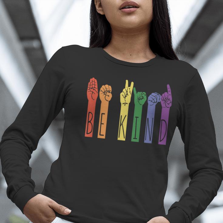 Retro Be Kind ASL Deaf Teacher Sign Language Gay Pride Women Long Sleeve T-Shirt, funny gift