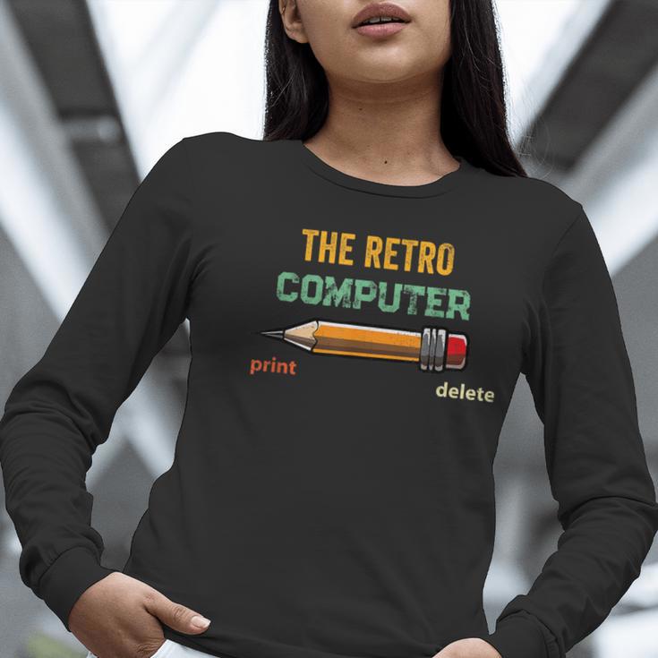 Retro Old-School Computer Pencil Tech Teacher Women Long Sleeve T-Shirt, Retro Computer Shirts, funny gift