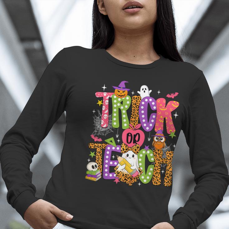 Retro Trick Or Teach Leopard Ghost Halloween Spooky Teacher Women Long Sleeve T-Shirt, funny gift Retro Trick Or Teach Leopard Ghost Halloween Spooky Teacher Women Long Sleeve T-Shirt, funny gift