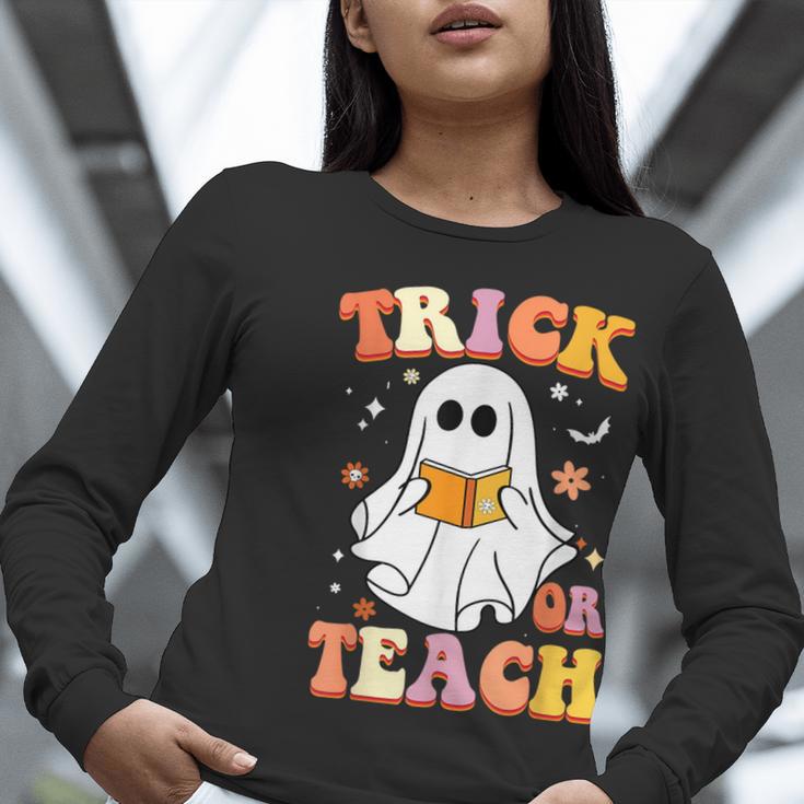 Retro Vintage Groovy Trick Or Teach Teacher Halloween For Men Women Kids Women Long Sleeve T-Shirt, Groovy Teacher Shirts, funny gift
