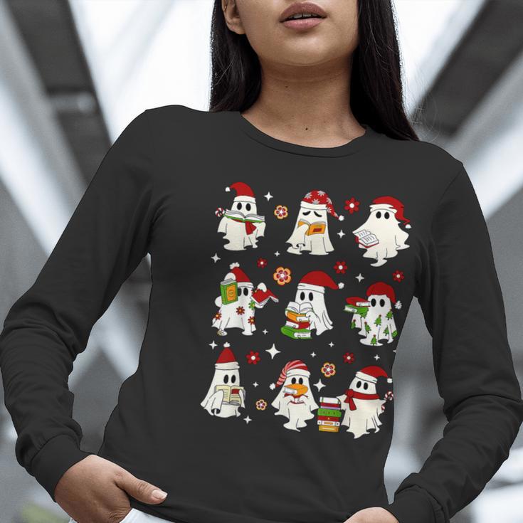 Santa Ghost Reading Books Christmas Library Teacher Women Long Sleeve T-Shirt, funny gift