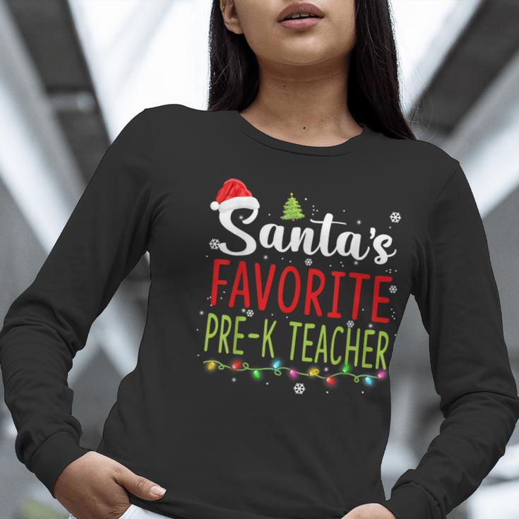 Santa's Favorite Pre-K Teacher Christmas Santa Hat Lights For Men Women Kids Women Long Sleeve T-Shirt, funny gift